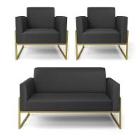 Sofá Namoradeira Com 2 Poltronas Base Industrial Alta Dourado Marisa Corino Preto D03 - D\'rossi - 1