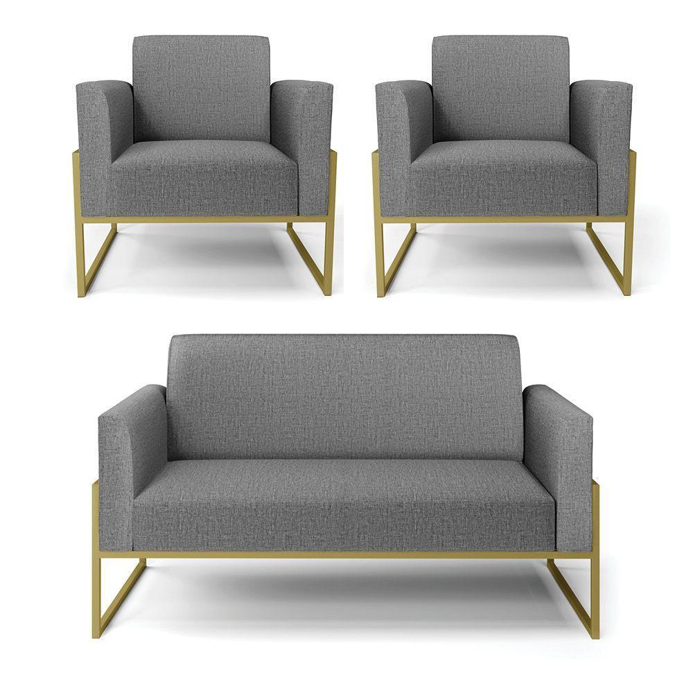 Sofá Namoradeira Com 2 Poltronas Base Industrial Alta Dourado Marisa Linho D03 - D\'rossi Cor A26 Grafite - 1