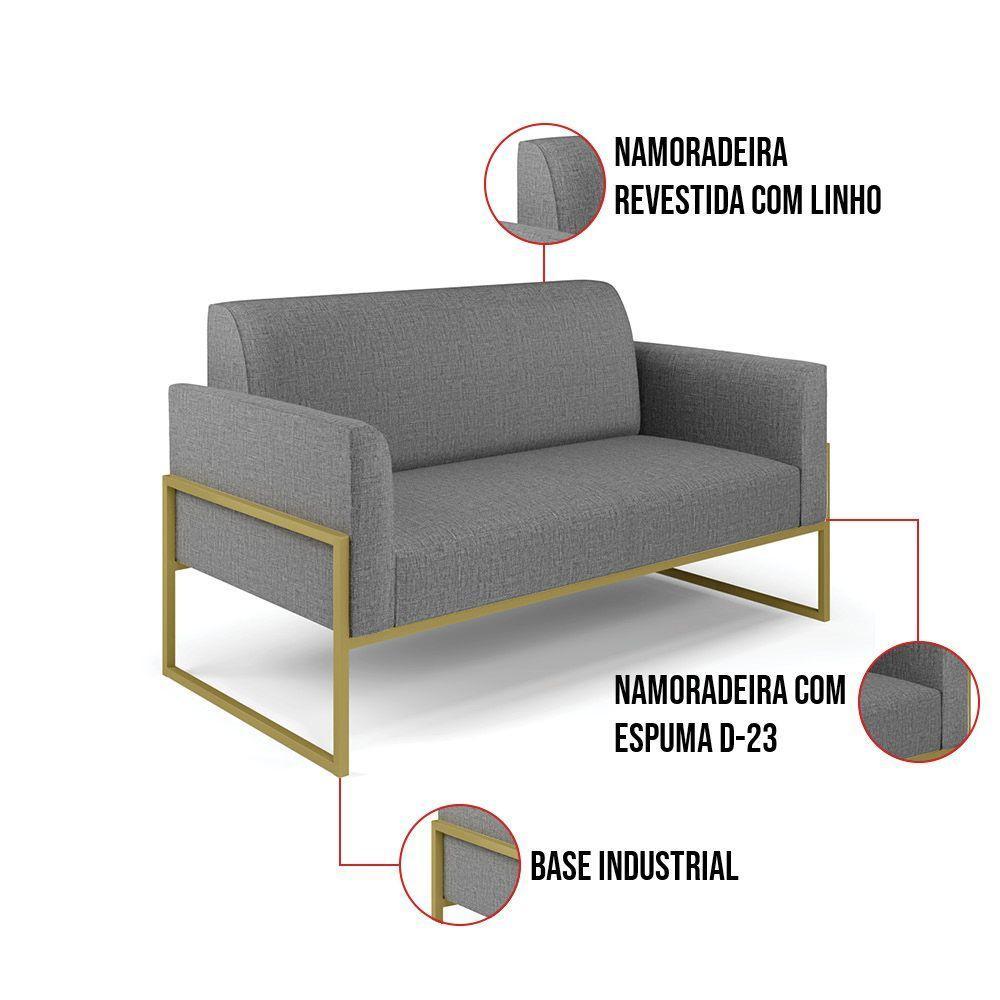 Sofá Namoradeira Com 2 Poltronas Base Industrial Alta Dourado Marisa Linho D03 - D\'rossi Cor A26 Grafite - 3