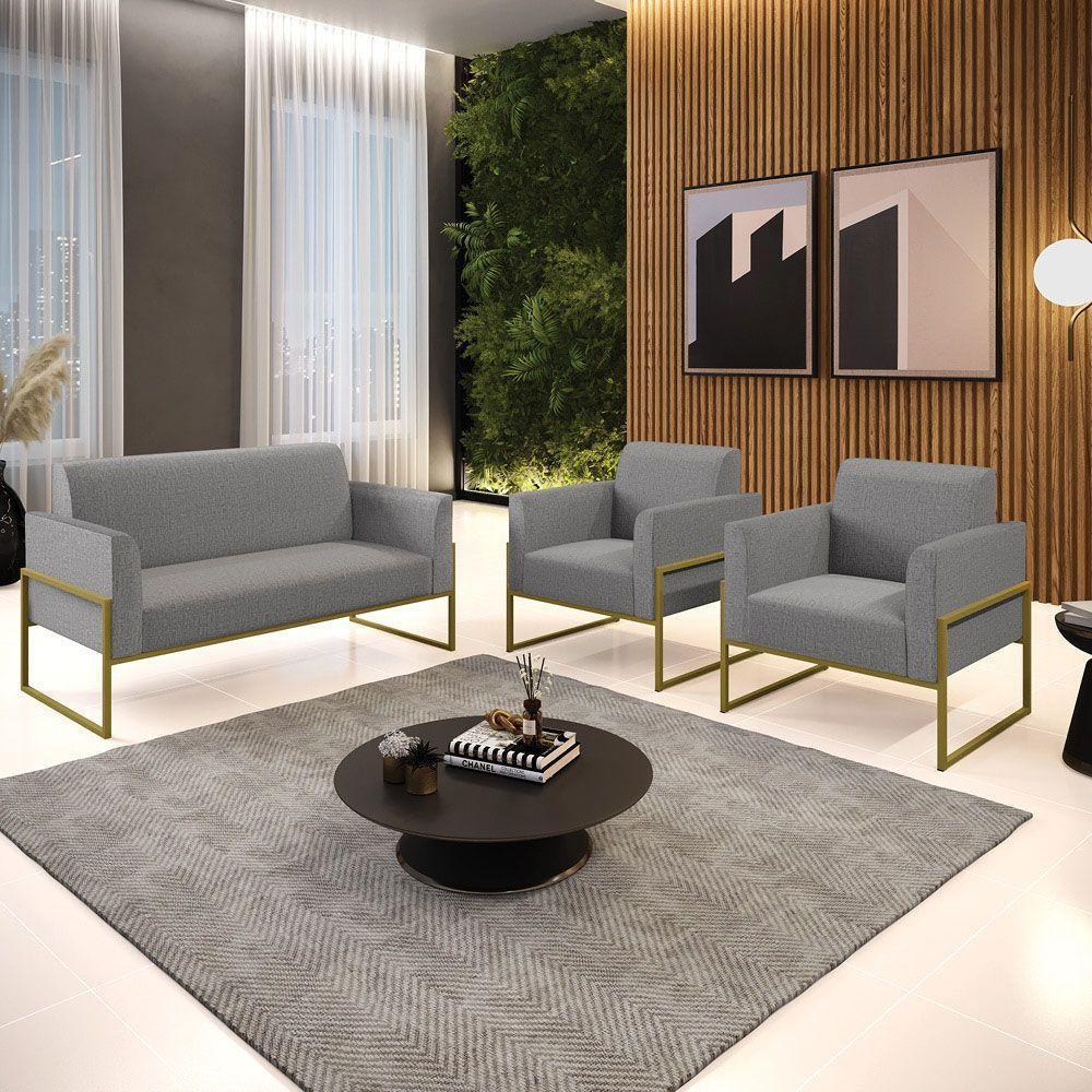 Sofá Namoradeira Com 2 Poltronas Base Industrial Alta Dourado Marisa Linho D03 - D\'rossi Cor A26 Grafite - 7