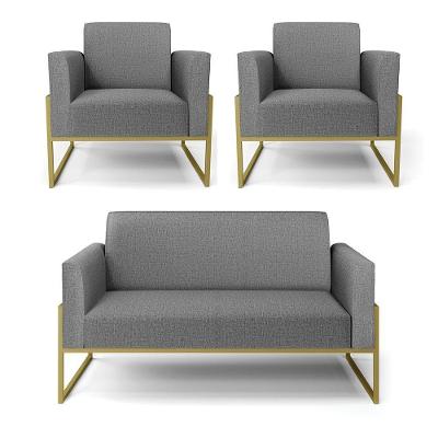 Sofá Namoradeira Com 2 Poltronas Base Industrial Alta Dourado Marisa Linho D03 - D\'rossi Cor A26 Grafite