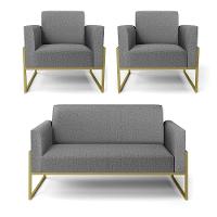 Sofá Namoradeira Com 2 Poltronas Base Industrial Alta Dourado Marisa Linho D03 - D\'rossi Cor A26 Grafite - 1