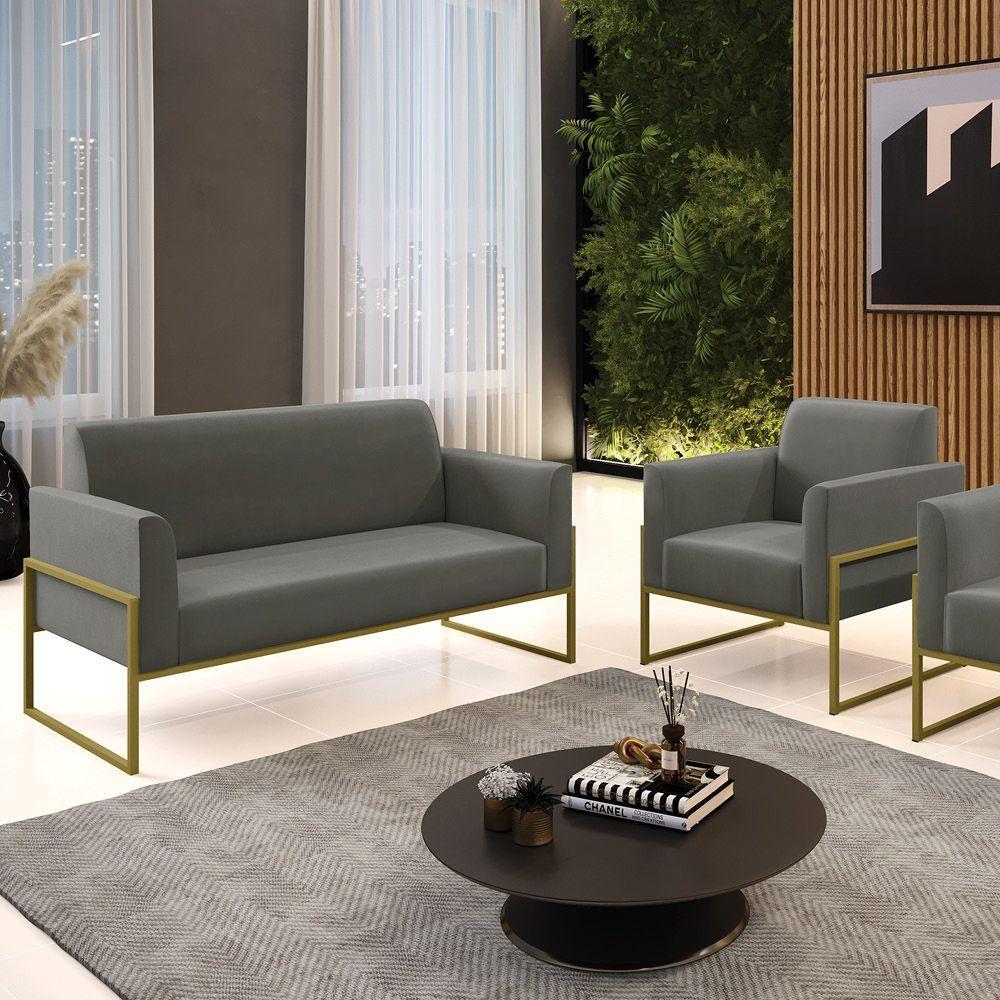 Sofá Namoradeira Com Poltrona Base Industrial Alta Dourado Marisa Suede D03 - D\'rossi Cor Grafite - 5