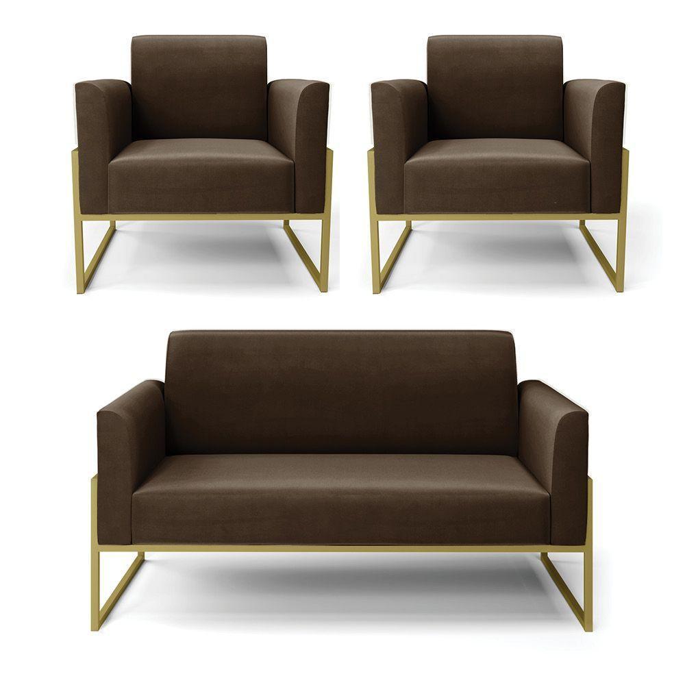 Sofá Namoradeira Com 2 Poltronas Base Industrial Alta Dourado Marisa Suede D03 - D\'rossi Cor Marrom - 1
