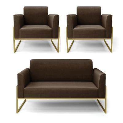 Sofá Namoradeira Com 2 Poltronas Base Industrial Alta Dourado Marisa Suede D03 - D\'rossi Cor Marrom