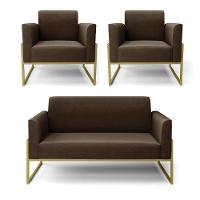 Sofá Namoradeira Com 2 Poltronas Base Industrial Alta Dourado Marisa Suede D03 - D\'rossi Cor Marrom - 1