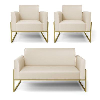 Sofá Namoradeira Com 2 Poltronas Base Industrial Alta Dourado Marisa Corino Bege D03 - D\'rossi