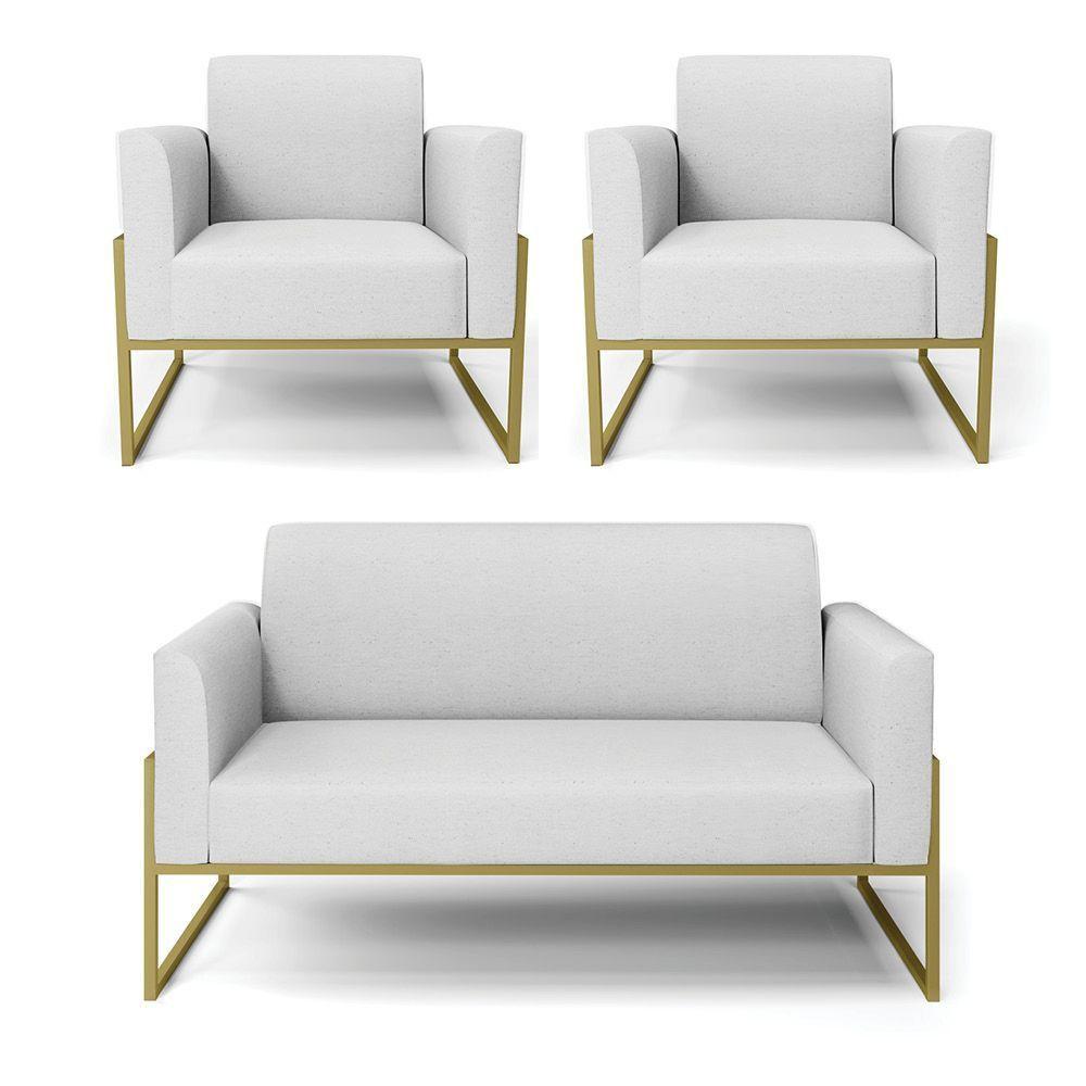 Sofá Namoradeira Com 2 Poltronas Base Industrial Alta Dourado Marisa Linho D03 - D\'rossi Cor A05 Cinza - 1