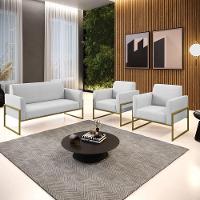 Sofá Namoradeira Com 2 Poltronas Base Industrial Alta Dourado Marisa Linho D03 - D\'rossi Cor A05 Cinza - 3