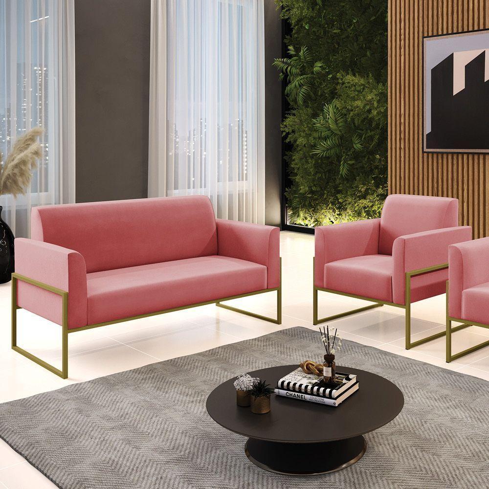 Sofá Namoradeira Com Poltrona Base Industrial Alta Dourado Marisa Suede D03 - D\'rossi Cor Rose - 6