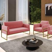 Sofá Namoradeira Com Poltrona Base Industrial Alta Dourado Marisa Suede D03 - D\'rossi Cor Rose - 6