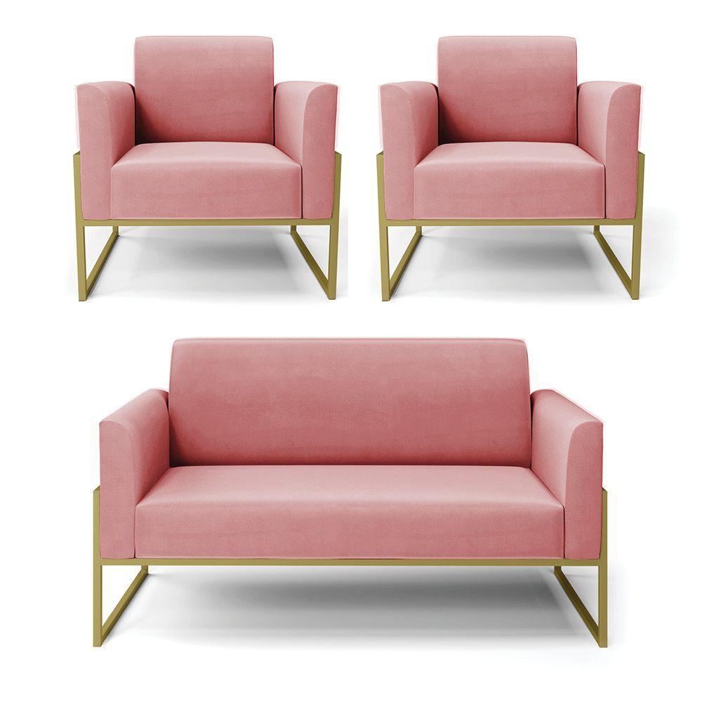 Sofá Namoradeira Com 2 Poltronas Base Industrial Alta Dourado Marisa Suede D03 - D\'rossi Cor Rose - 1