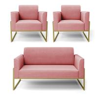Sofá Namoradeira Com 2 Poltronas Base Industrial Alta Dourado Marisa Suede D03 - D\'rossi Cor Rose - 1