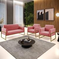 Sofá Namoradeira Com 2 Poltronas Base Industrial Alta Dourado Marisa Suede D03 - D\'rossi Cor Rose - 5
