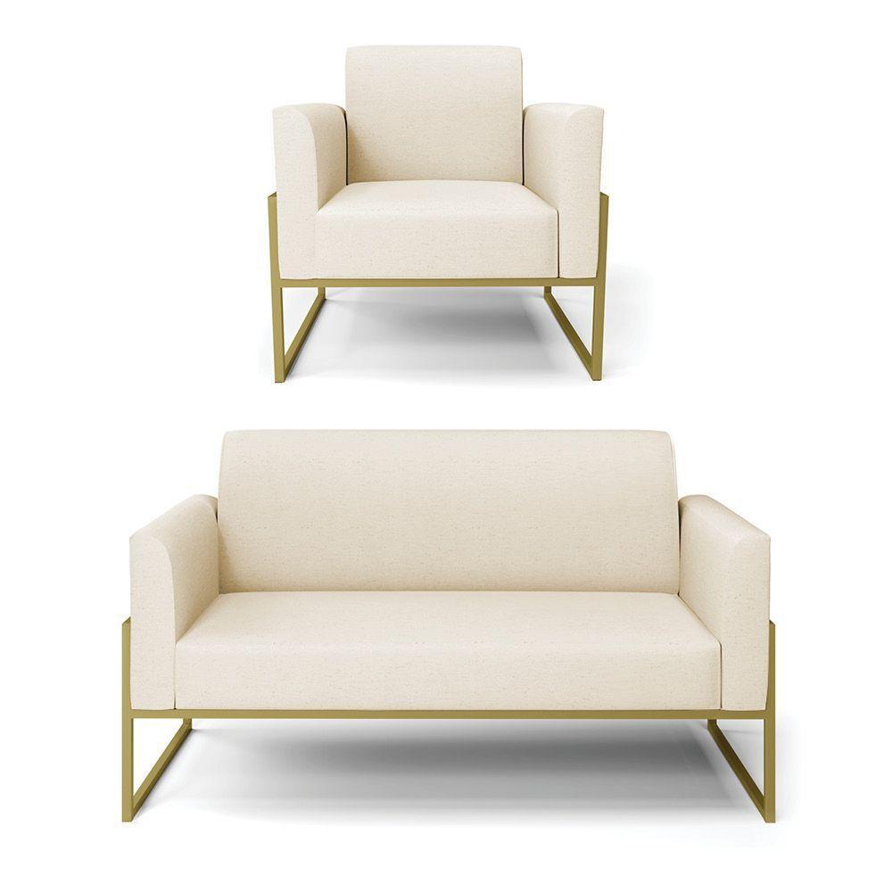 Sofá Namoradeira Com Poltrona Base Industrial Alta Dourado Marisa Linho D03 - D\'rossi Cor A19 Bege - 1