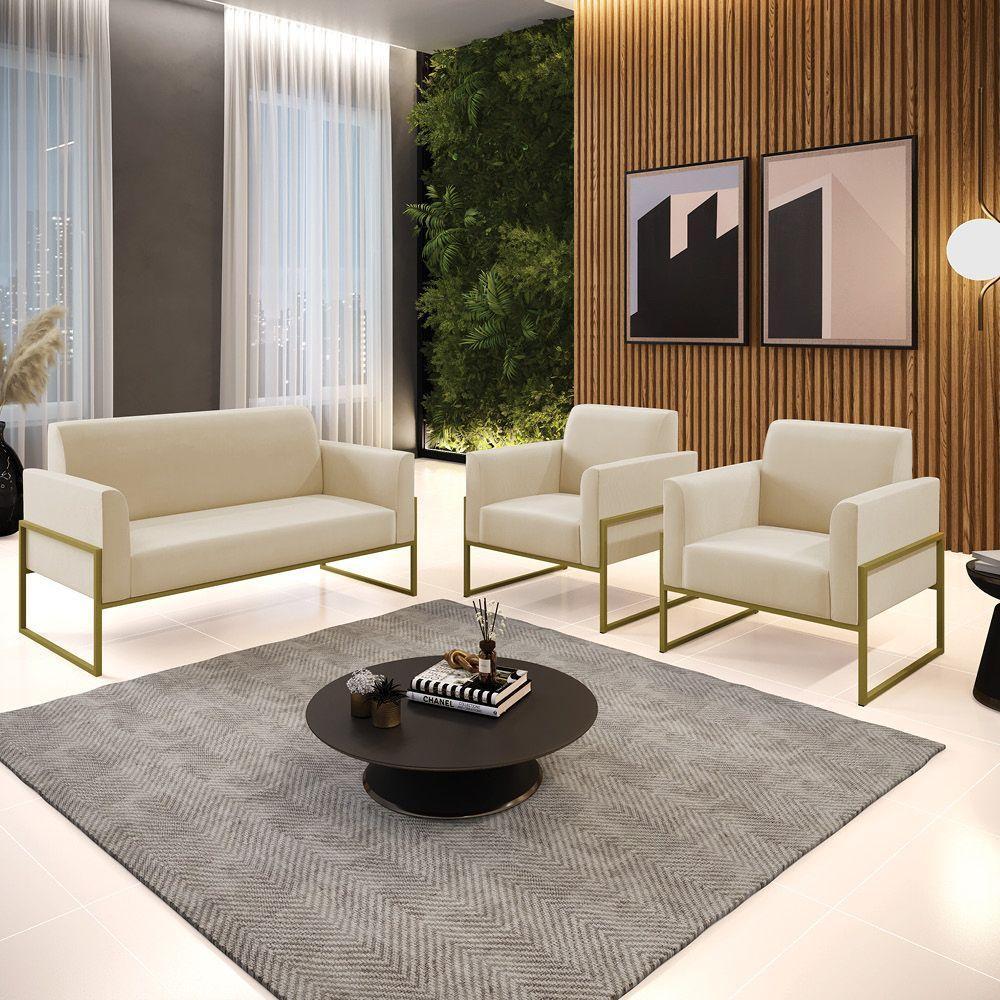 Sofá Namoradeira Com 2 Poltronas Base Industrial Alta Dourado Marisa Suede Bege D03 - D\'rossi - 4