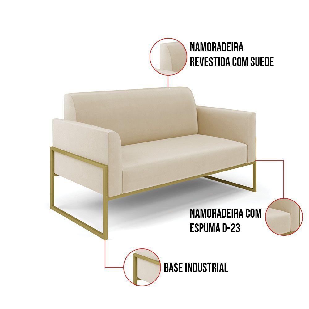 Sofá Namoradeira Com 2 Poltronas Base Industrial Alta Dourado Marisa Suede Bege D03 - D\'rossi - 5