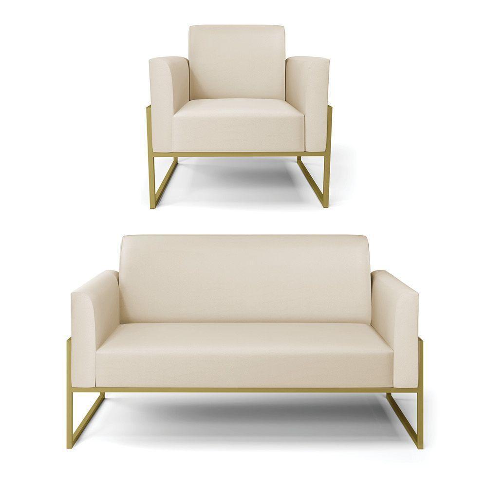Sofá Namoradeira Com Poltrona Base Industrial Alta Dourado Marisa Corino Bege D03 - D\'rossi - 1