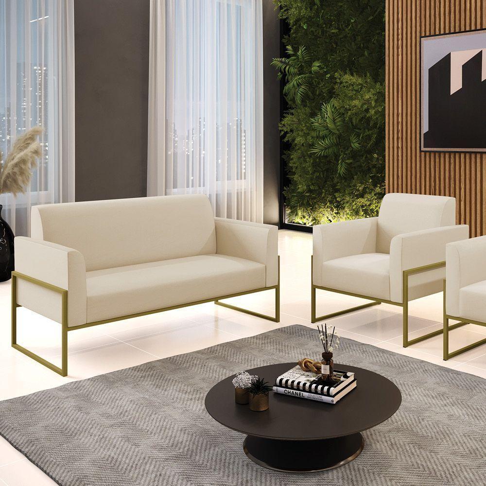 Sofá Namoradeira Com Poltrona Base Industrial Alta Dourado Marisa Corino Bege D03 - D\'rossi - 4
