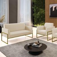Sofá Namoradeira Com Poltrona Base Industrial Alta Dourado Marisa Corino Bege D03 - D\'rossi