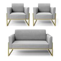 Sofá Namoradeira Com 2 Poltronas Base Industrial Alta Dourado Marisa Suede D03 - D\'rossi Cor Cinza - 1