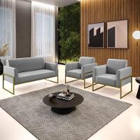 Sofá Namoradeira Com 2 Poltronas Base Industrial Alta Dourado Marisa Suede D03 - D\'rossi Cor Cinza - 7