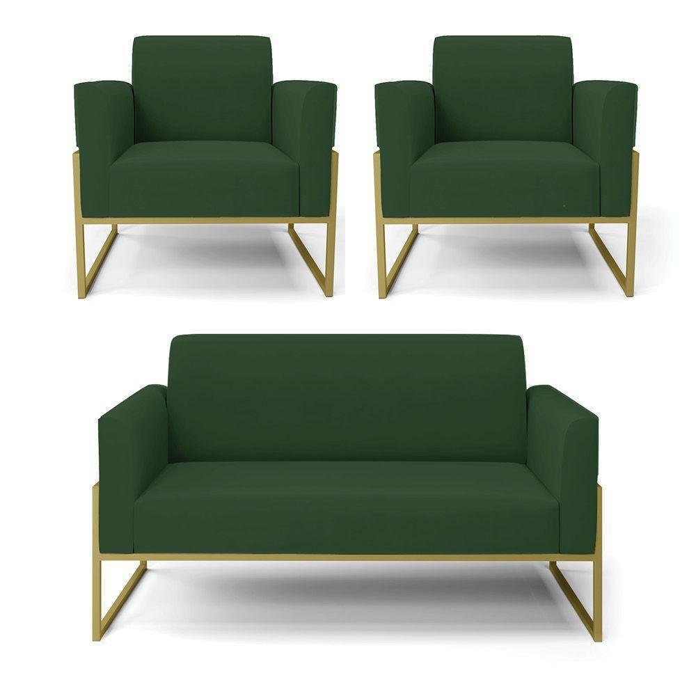Sofá Namoradeira Com 2 Poltronas Base Industrial Alta Dourado Marisa Veludo D03 - D\'rossi Cor Verde - 1