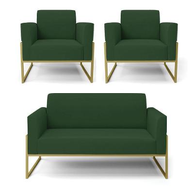 Sofá Namoradeira Com 2 Poltronas Base Industrial Alta Dourado Marisa Veludo D03 - D\'rossi Cor Verde