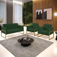 Sofá Namoradeira Com 2 Poltronas Base Industrial Alta Dourado Marisa Veludo D03 - D\'rossi Cor Verde - 3