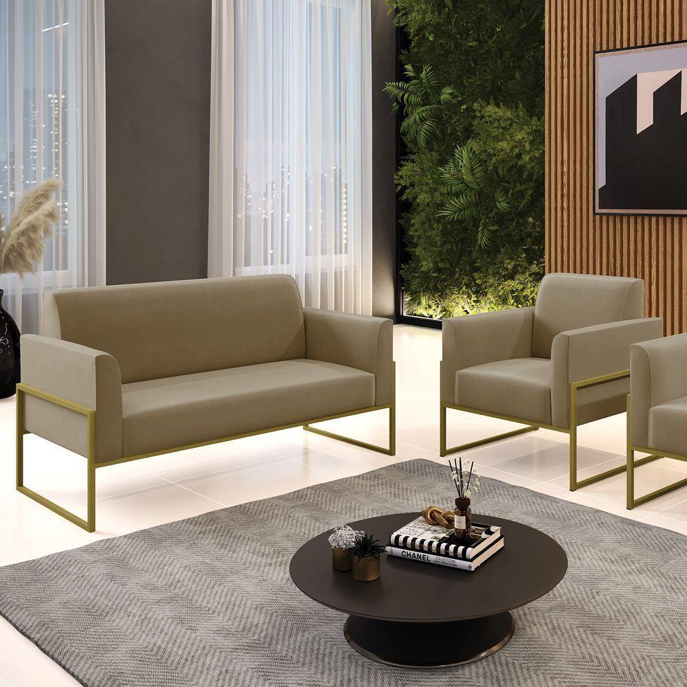 Sofá Namoradeira Com Poltrona Base Industrial Alta Dourado Marisa Suede D03 - D\'rossi Cor Marrom Rato - 6