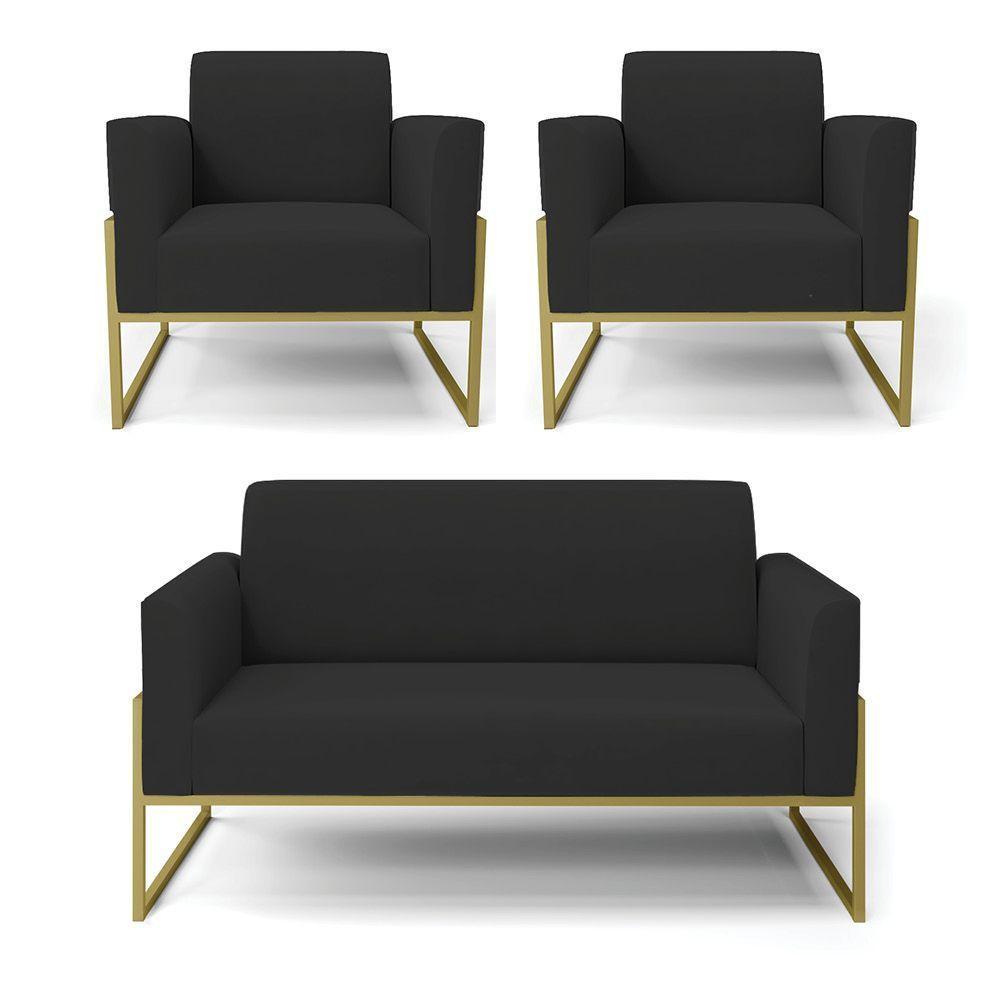 Sofá Namoradeira Com 2 Poltronas Base Industrial Alta Dourado Marisa Veludo D03 - D\'rossi Cor Preto - 1