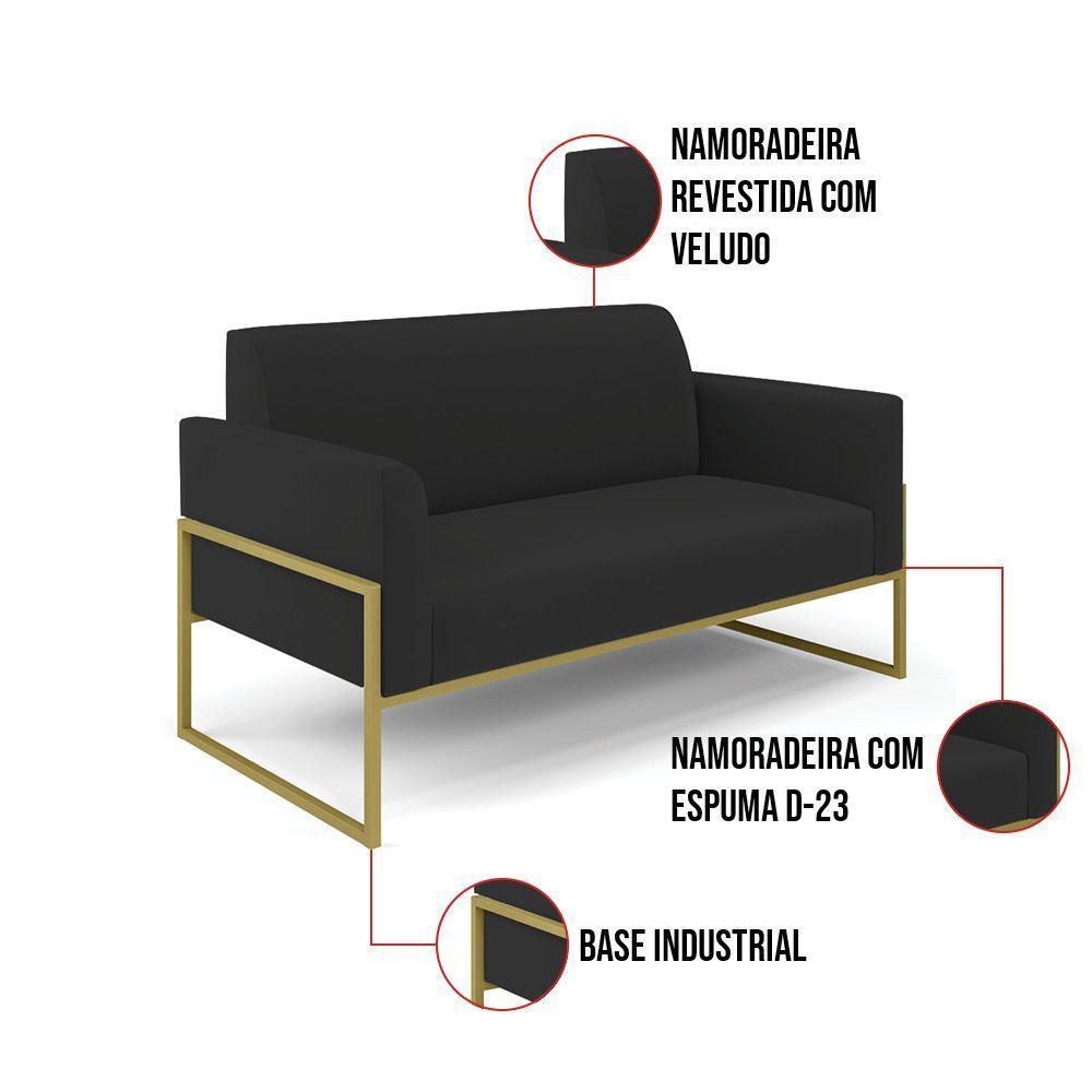 Sofá Namoradeira Com 2 Poltronas Base Industrial Alta Dourado Marisa Veludo D03 - D\'rossi Cor Preto - 3