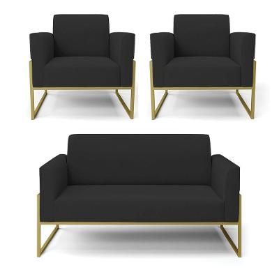 Sofá Namoradeira Com 2 Poltronas Base Industrial Alta Dourado Marisa Veludo D03 - D\'rossi Cor Preto