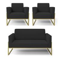 Sofá Namoradeira Com 2 Poltronas Base Industrial Alta Dourado Marisa Veludo D03 - D\'rossi Cor Preto - 1