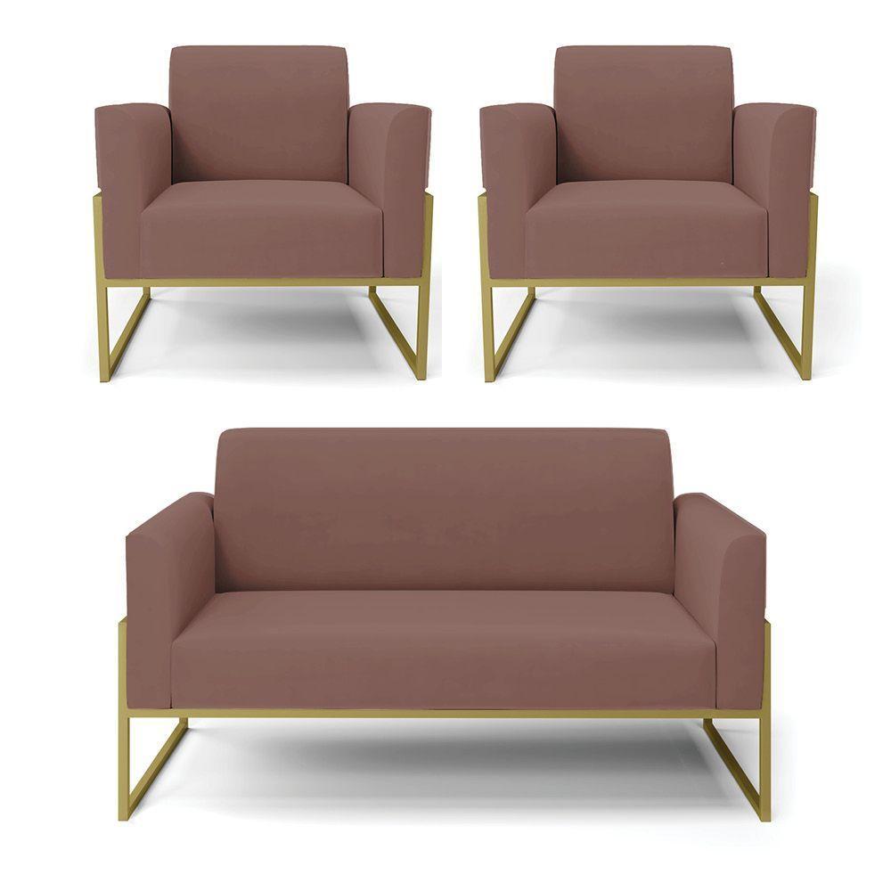 Sofá Namoradeira Com 2 Poltronas Base Industrial Alta Dourado Marisa Veludo D03 - D\'rossi Cor Rose - 1