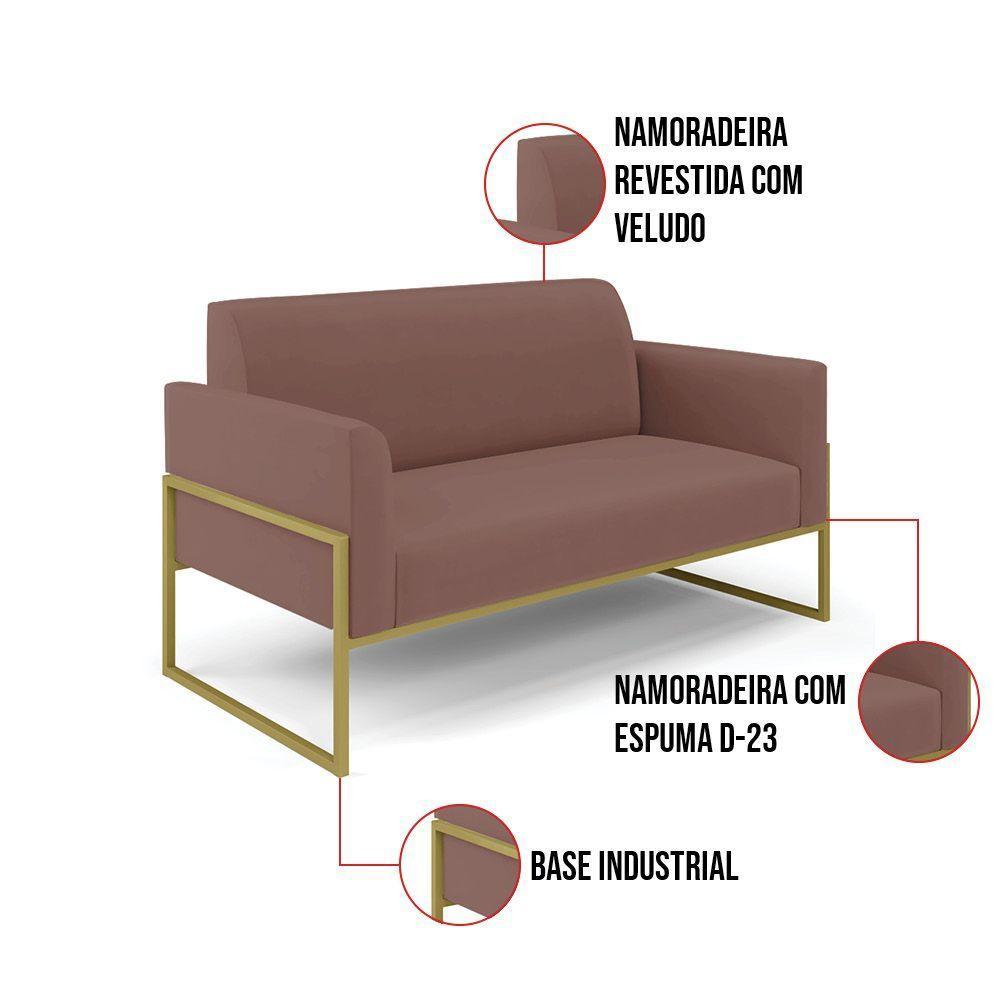 Sofá Namoradeira Com 2 Poltronas Base Industrial Alta Dourado Marisa Veludo D03 - D\'rossi Cor Rose - 8