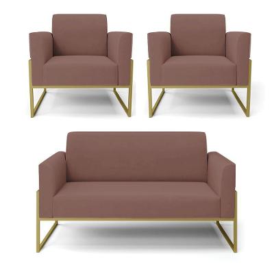 Sofá Namoradeira Com 2 Poltronas Base Industrial Alta Dourado Marisa Veludo D03 - D\'rossi Cor Rose