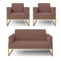 Sofá Namoradeira Com 2 Poltronas Base Industrial Alta Dourado Marisa Veludo D03 - D\'rossi Cor Rose - 1