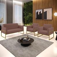 Sofá Namoradeira Com 2 Poltronas Base Industrial Alta Dourado Marisa Veludo D03 - D\'rossi Cor Rose - 3