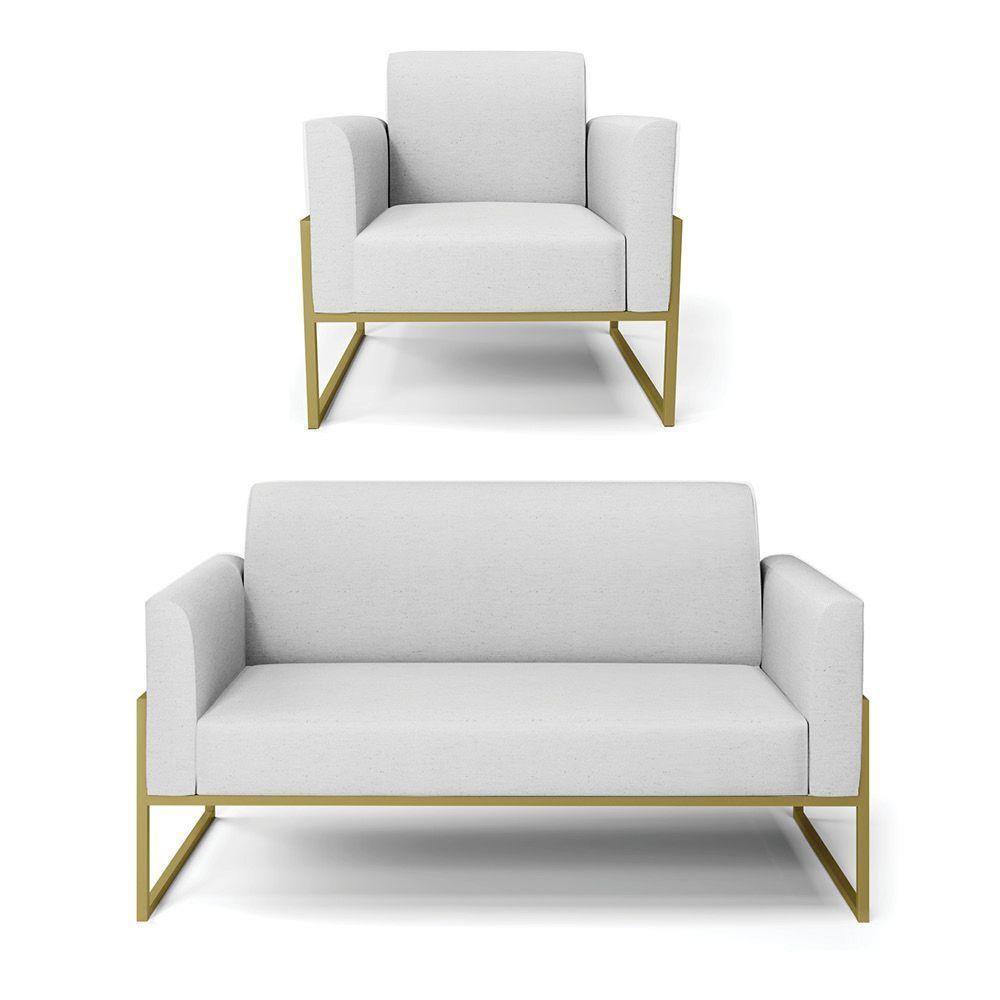 Sofá Namoradeira Com Poltrona Base Industrial Alta Dourado Marisa Linho D03 - D\'rossi Cor A05 Cinza - 1