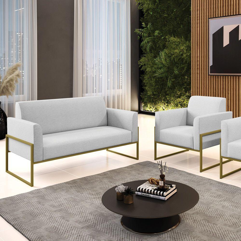 Sofá Namoradeira Com Poltrona Base Industrial Alta Dourado Marisa Linho D03 - D\'rossi Cor A05 Cinza - 7