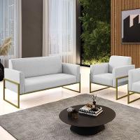 Sofá Namoradeira Com Poltrona Base Industrial Alta Dourado Marisa Linho D03 - D\'rossi Cor A05 Cinza - 7