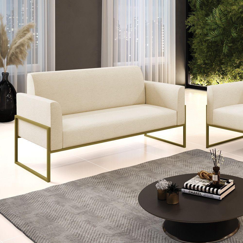 Sofá Namoradeira Base Industrial Alta Dourado Marisa Linho D03 - D\'rossi Cor A19 Bege - 4
