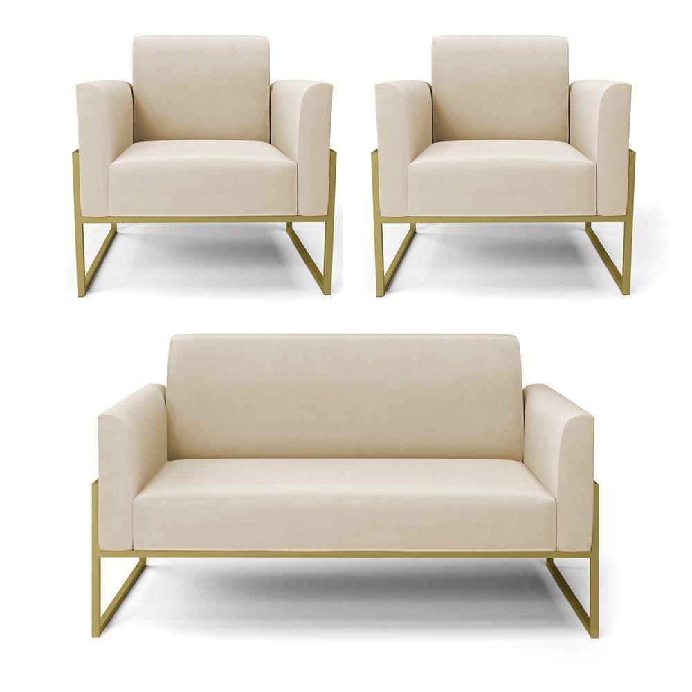 Sofá Namoradeira Com 2 Poltronas Base Industrial Alta Dourado Marisa Suede D03 - D\'rossi Cor Bege - 1