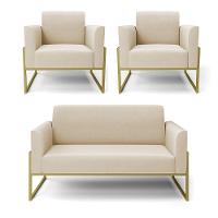 Sofá Namoradeira Com 2 Poltronas Base Industrial Alta Dourado Marisa Suede D03 - D\'rossi Cor Bege - 1
