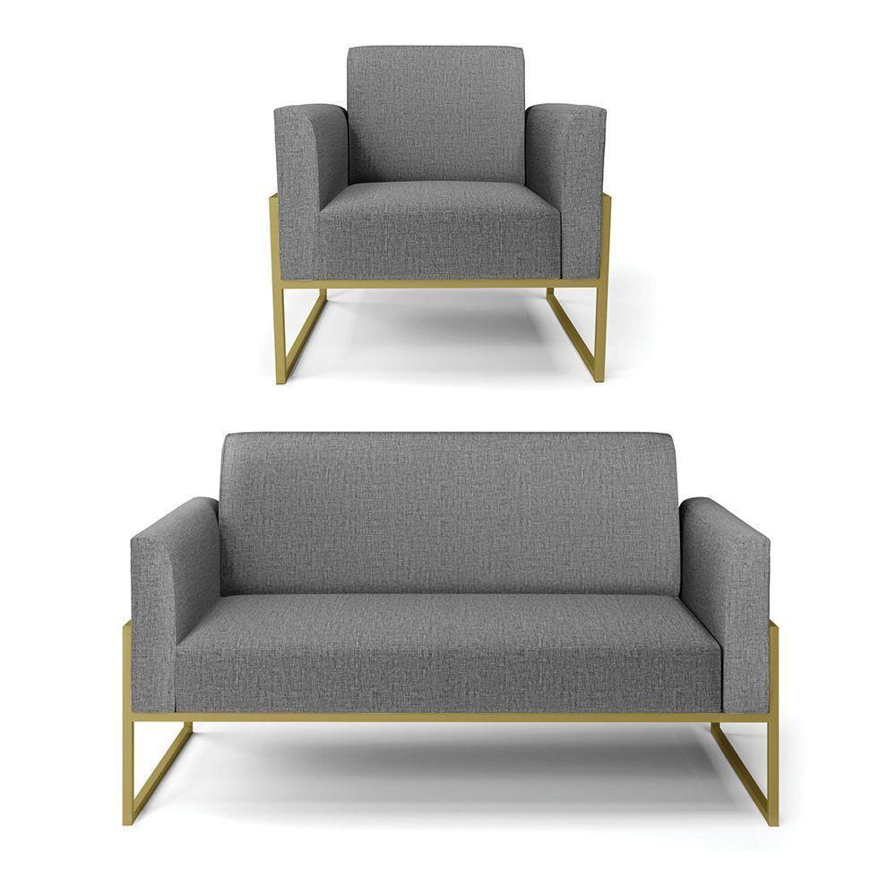 Sofá Namoradeira Com Poltrona Base Industrial Alta Dourado Marisa Linho Grafite A26 D03 - D\'rossi - 1