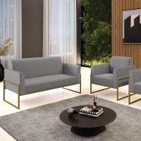 Sofá Namoradeira Com Poltrona Base Industrial Alta Dourado Marisa Linho Grafite A26 D03 - D\'rossi - 5