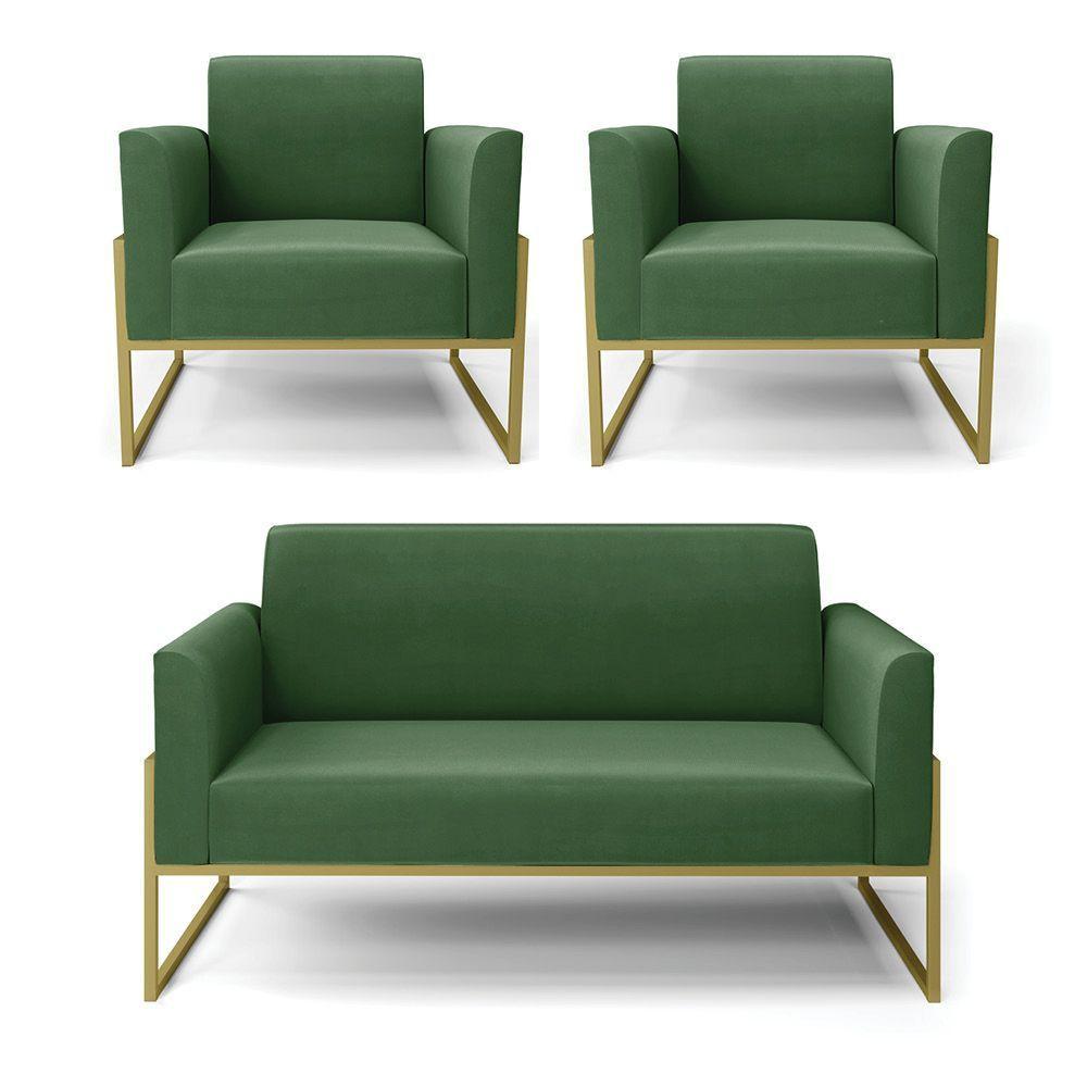 Sofá Namoradeira Com 2 Poltronas Base Industrial Alta Dourado Marisa Suede D03 - D\'rossi Cor Verde - 1