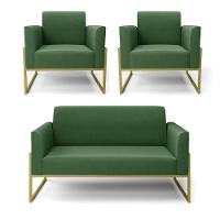 Sofá Namoradeira Com 2 Poltronas Base Industrial Alta Dourado Marisa Suede D03 - D\'rossi Cor Verde - 1