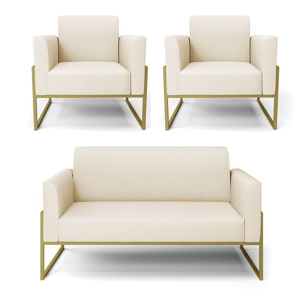 Sofá Namoradeira Com 2 Poltronas Base Industrial Alta Dourado Marisa Linho D03 - D\'rossi Cor A19 Bege - 1